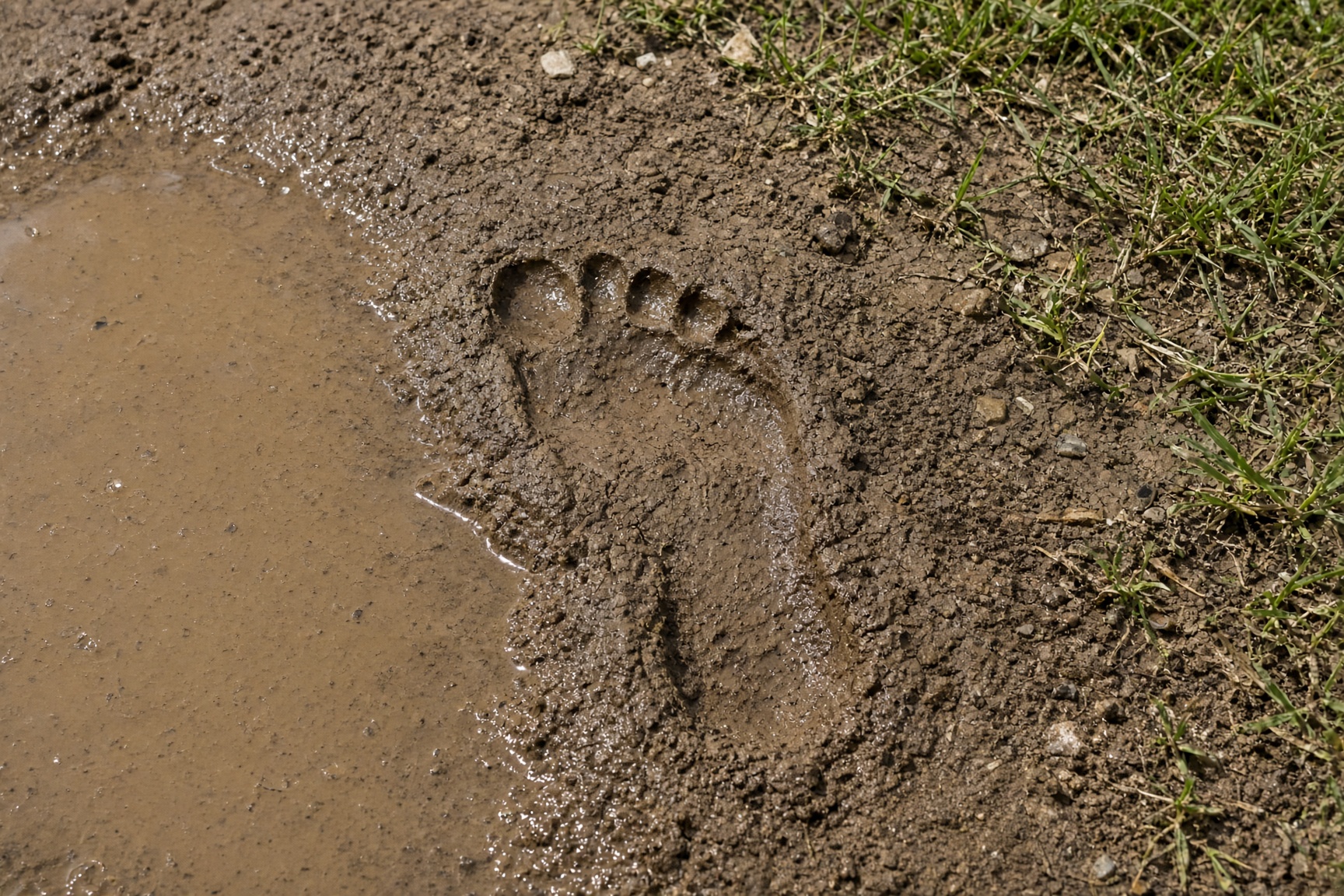 A single bare footprint pressed into wet clay beside a puddle.
