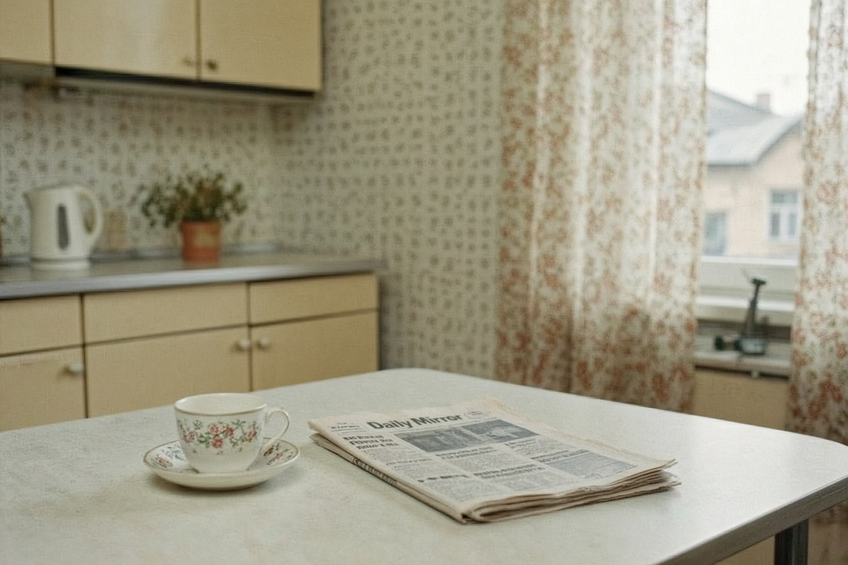 A slightly faded photograph of an empty kitchen table with a teacup and a newspaper.