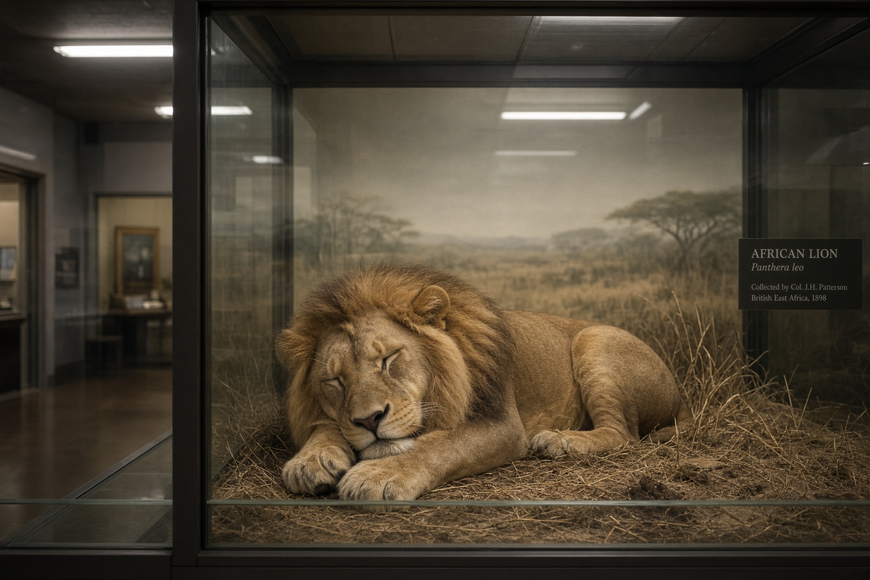 A lion behind glass. An image that has not yet been asked to mean.