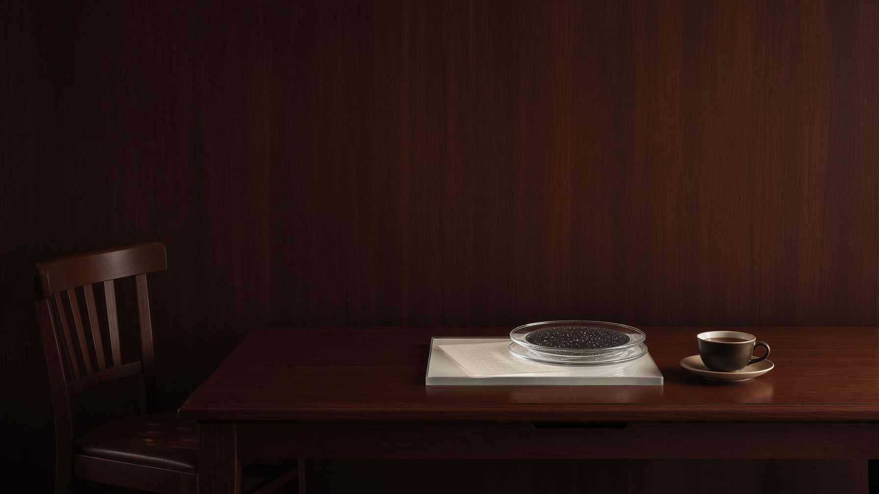 A room in even light, a window, furniture.