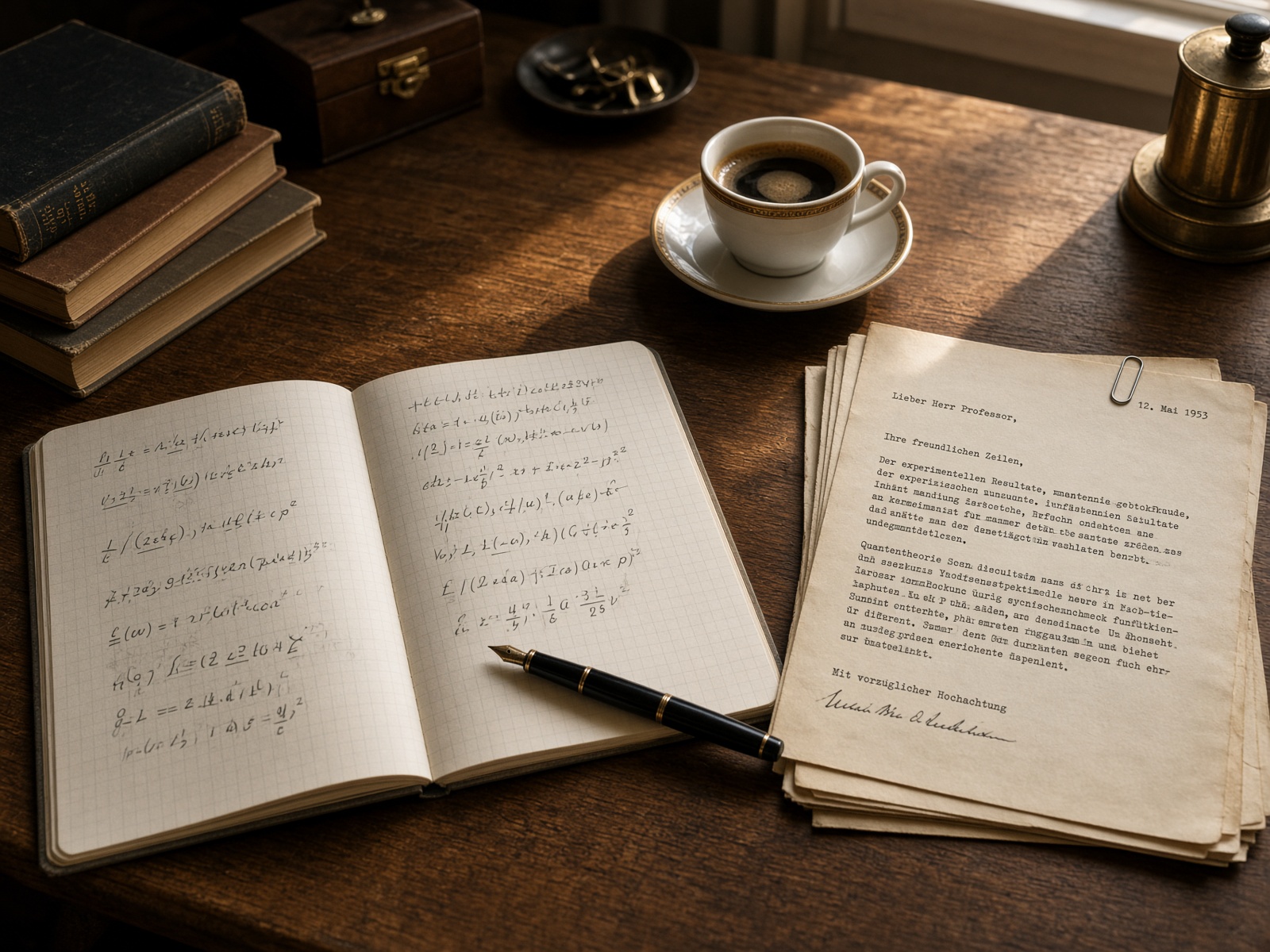 A wooden desk with an open notebook, letters, and a fountain pen in afternoon light.