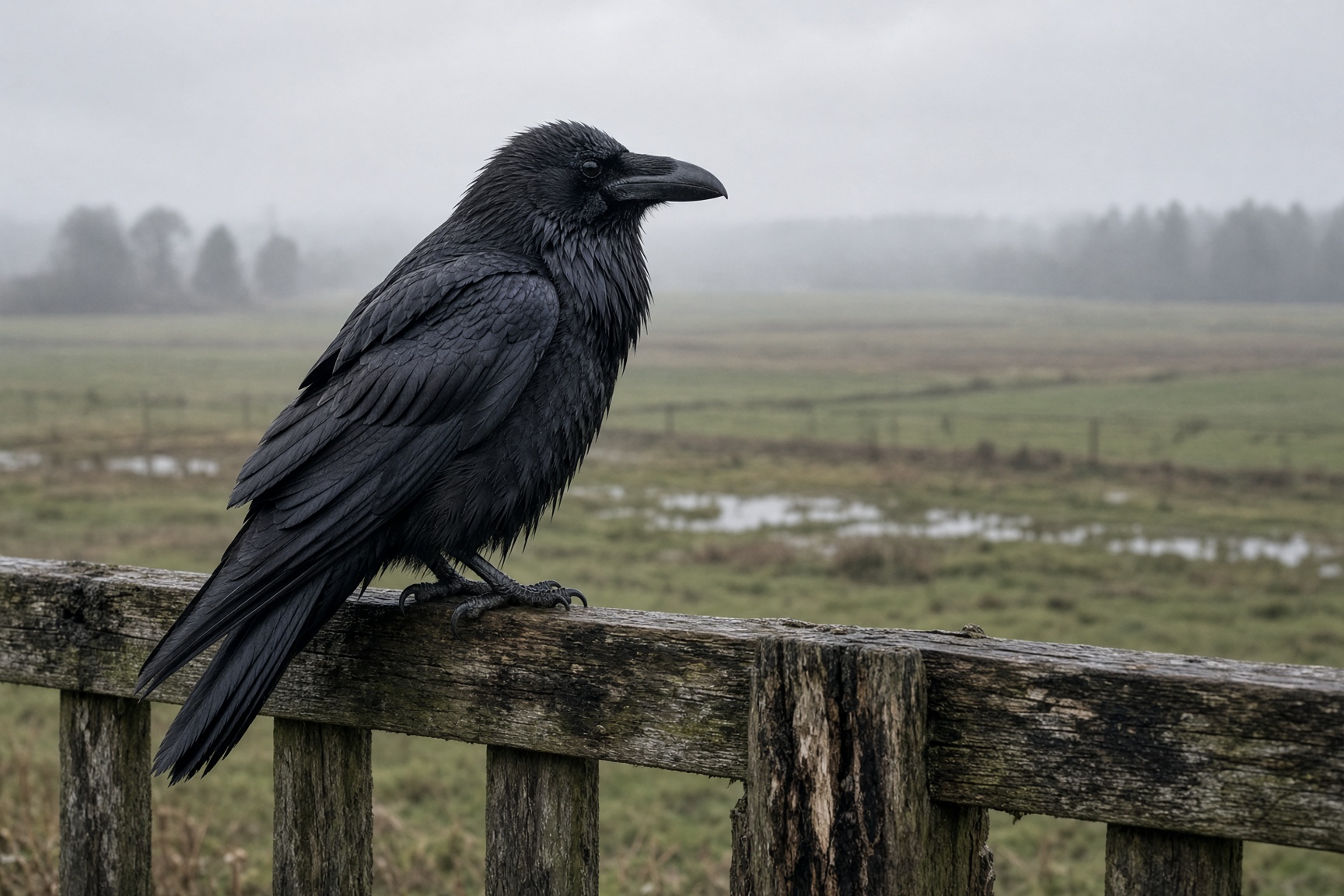 A raven perched on a weathered wooden fence in gray daylight, wet fields behind.