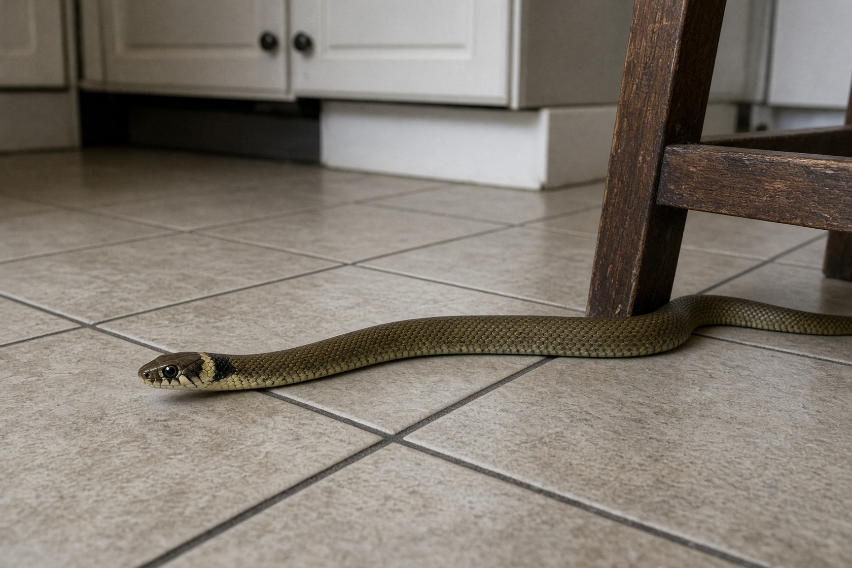 A small olive-brown snake with a pale collar on a tiled kitchen floor beside a chair leg.